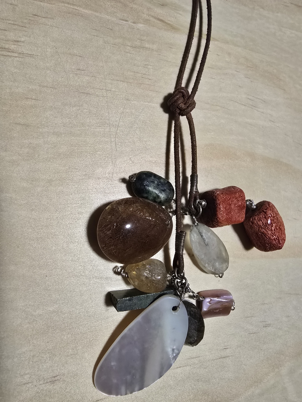 Multi-Stone Pendant Necklace in Brown, Red, Green and Cream